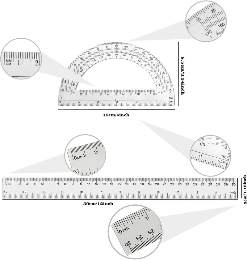 Tdfronien 2 Packs 12 Inch Plastic Ruler and 6 Inch Plastic Protractor Set Clear Math Geometry Set Classroom Set Angle Detector School Supplies Classroom Ruler Home Office Drawings (Transparent) - Image 3